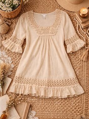 Bohemian Crochet-Trim Cream Peasant Top